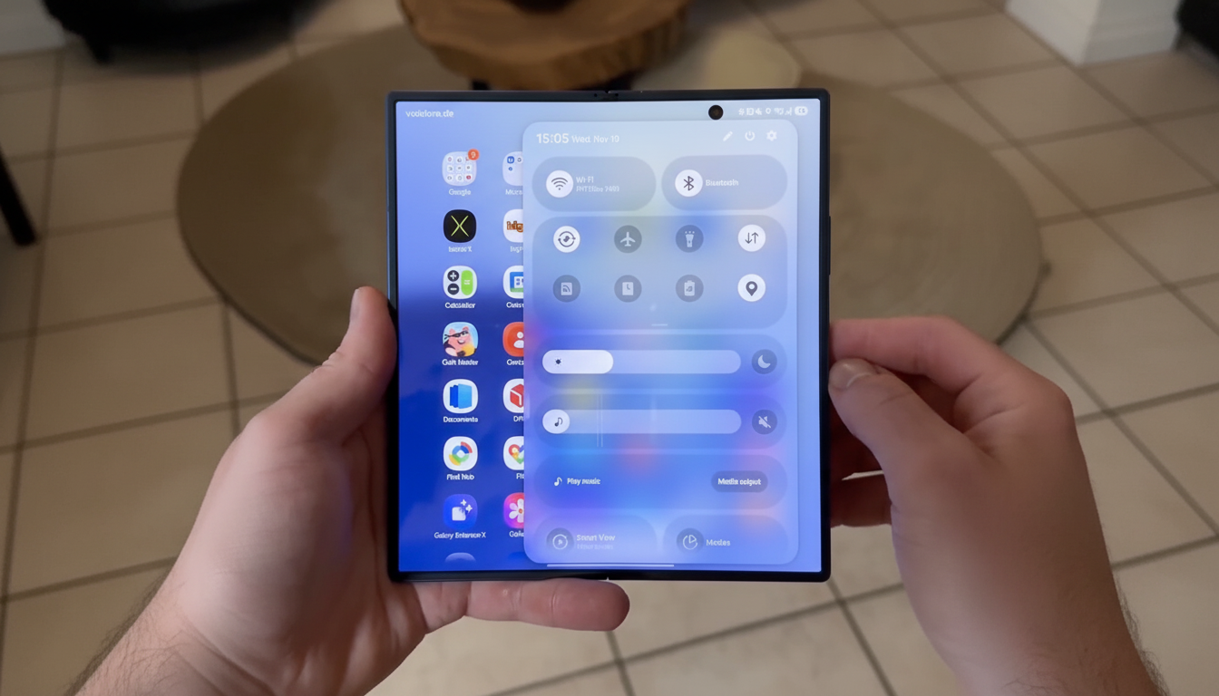 A person holding a foldable smartphone displaying the home screen and quick settings panel.