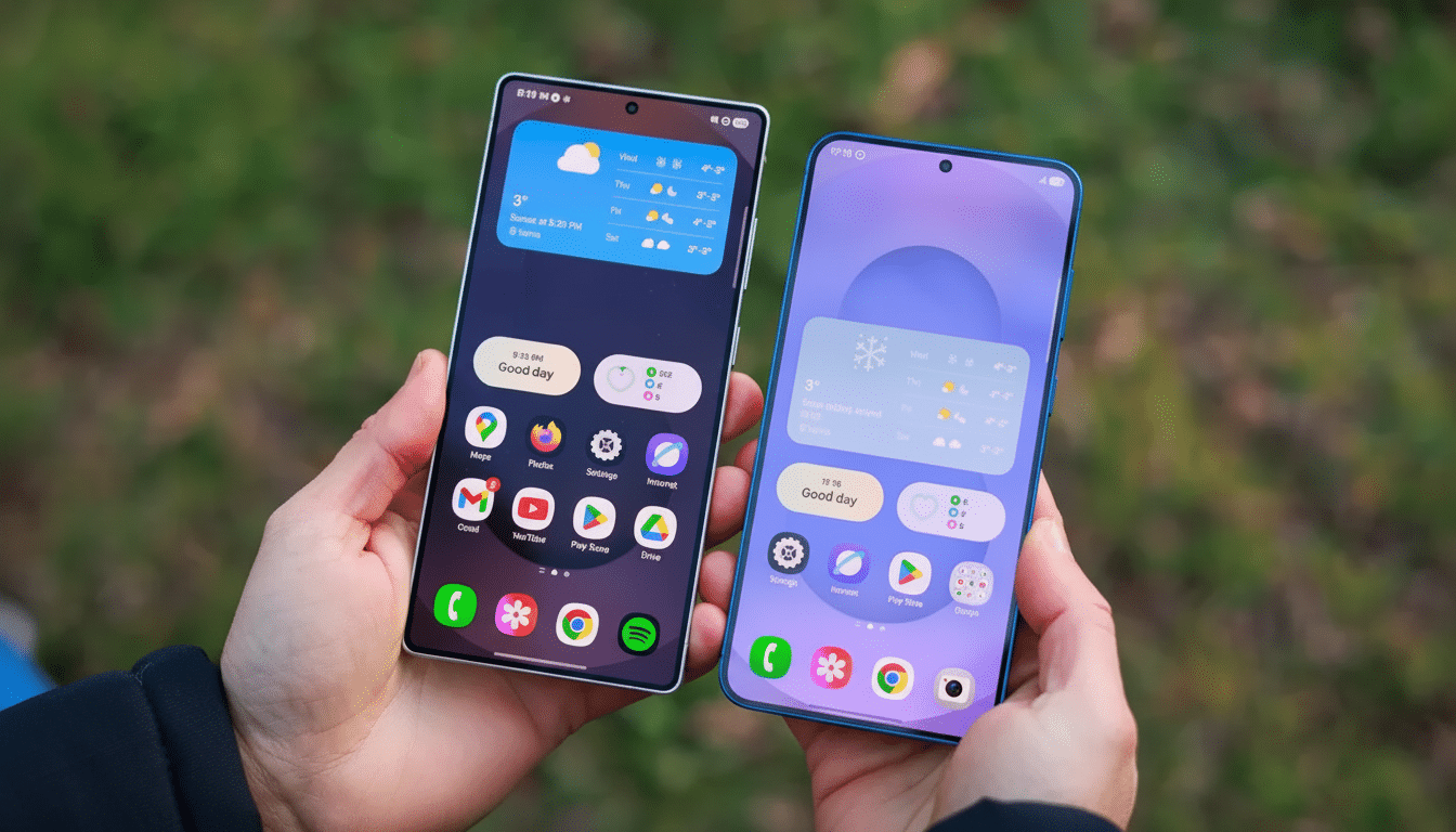 Two hands holding two different smartphones, both displaying weather widgets and app icons, against a blurred green outdoor background.