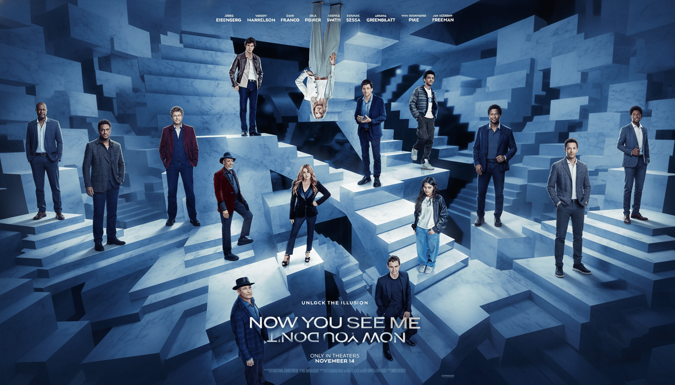 A movie poster for Now You See Me 2 featuring the main cast members standing and one hanging upside down on a series of interconnected, light blue and white geometric blocks, creating an illusion of depth and varying perspectives. The title NOW YOU SEE ME 2 is prominently displayed at the bottom.