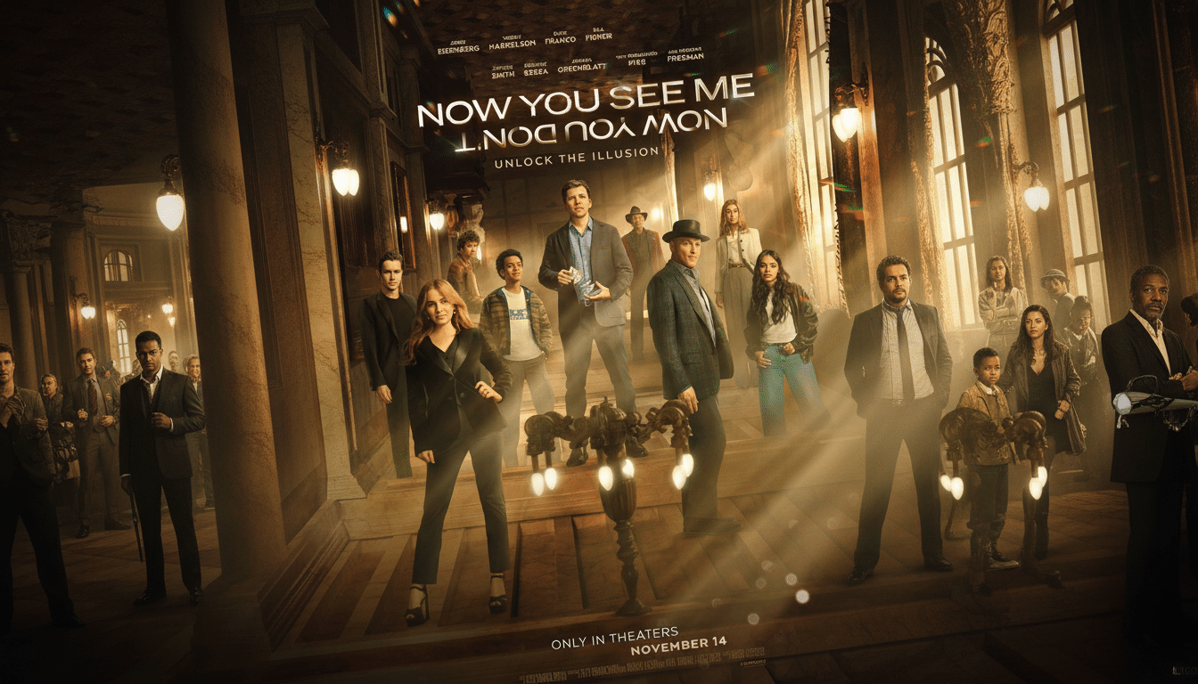A movie poster for Now You See Me featuring a large ensemble cast of magicians and characters in a grand, ornate hall.
