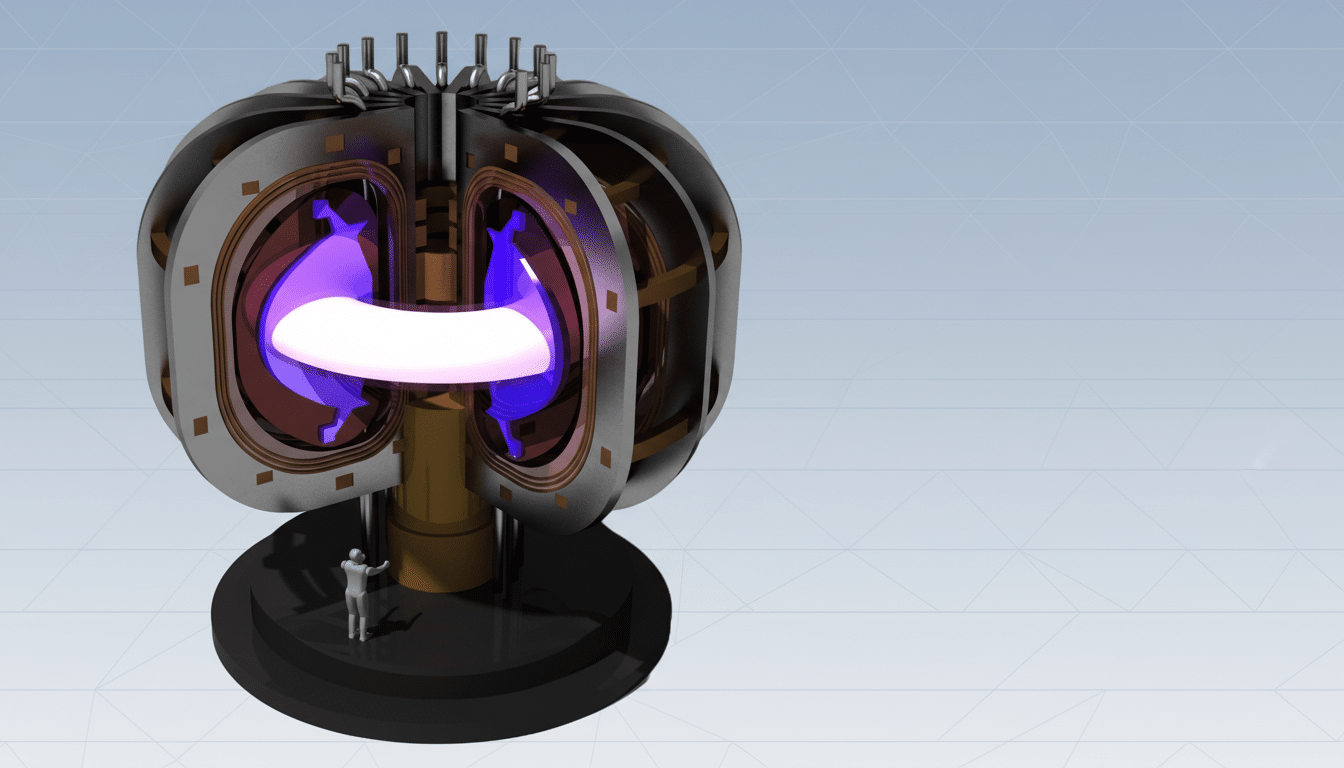 A 16:9 aspect ratio image of a cutaway tokamak fusion reactor with a glowing plasma ring, featuring a small human figure observing it, set against a professional flat design background with soft patterns.