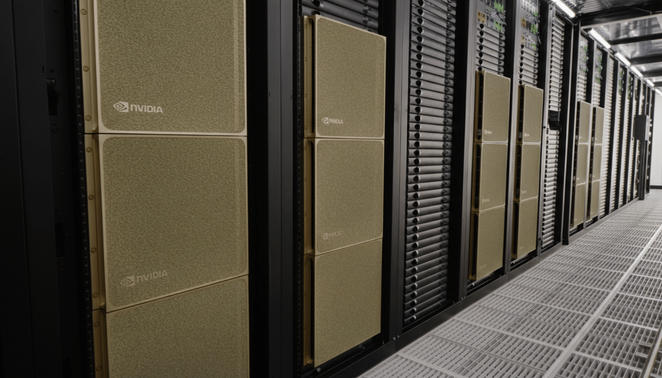 A server room with rows of NVIDIA server racks, professionally enhanced and resized to a 16:9 aspect ratio.