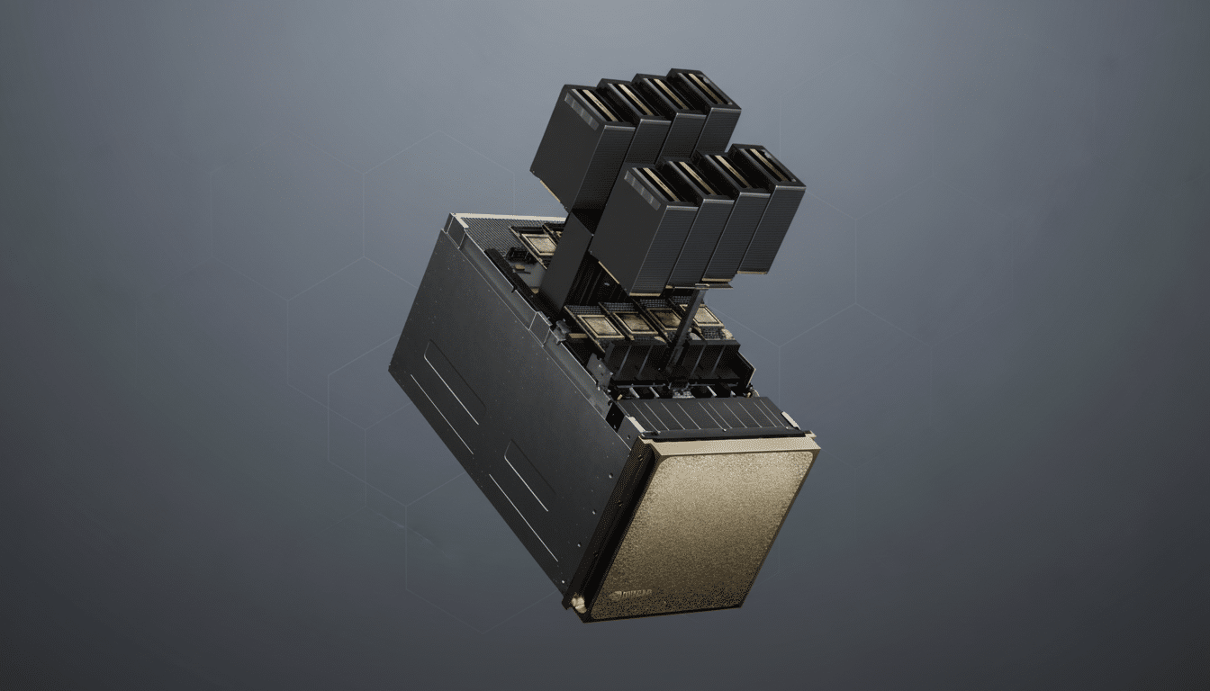 A professional, enhanced image of a server rack with multiple GPU units extending upwards, set against a clean, dark gray background with subtle hexagonal patterns.