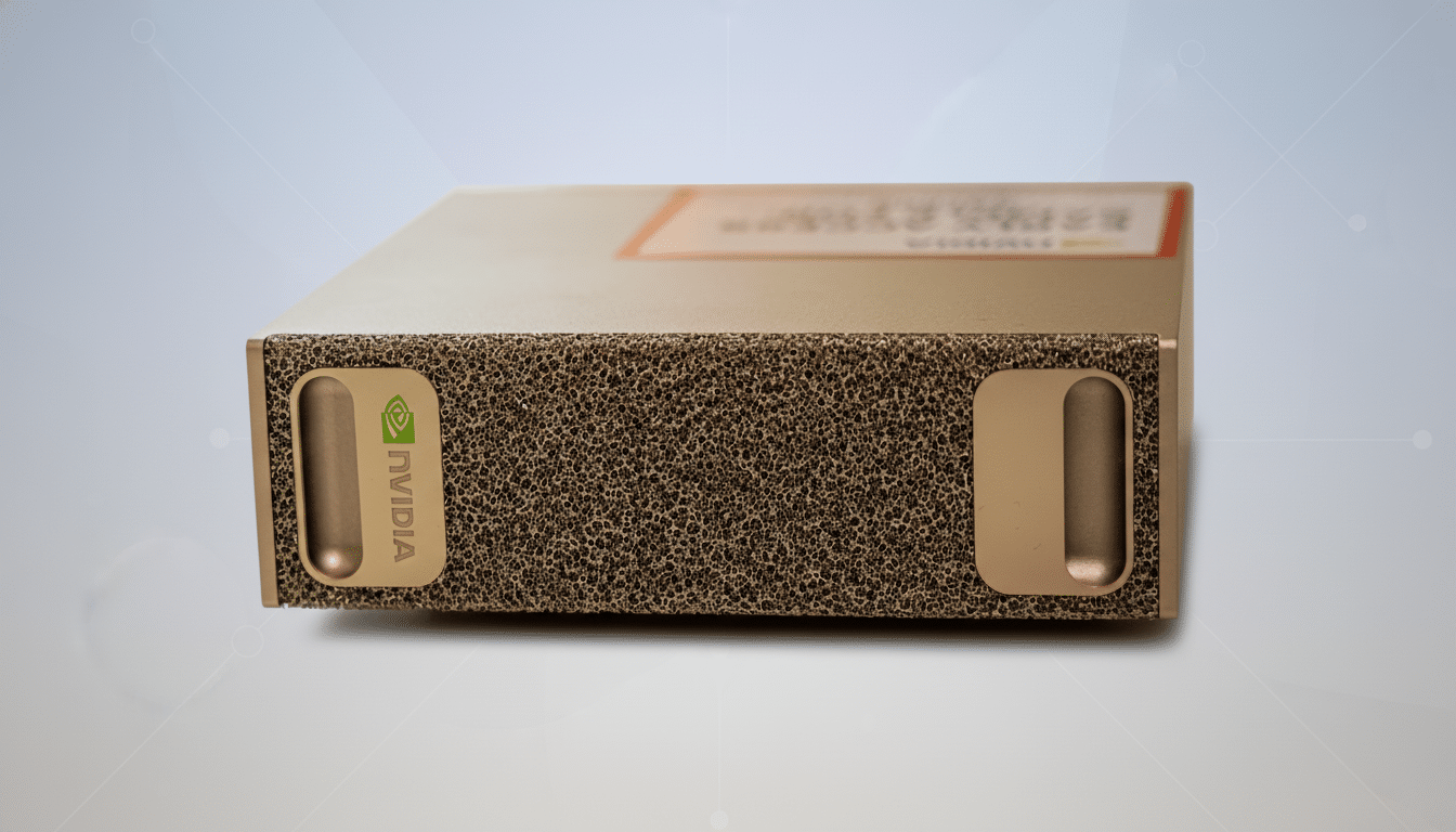 A professional, enhanced image of an NVIDIA server unit, resized to a 16:9 aspect ratio, with a clean, soft gradient background featuring subtle geometric patterns.