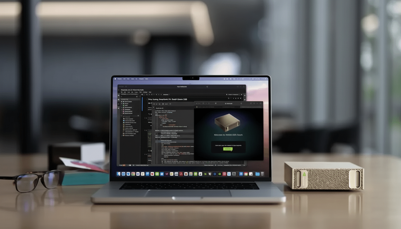 A laptop displaying code and a welcome screen for NVIDIA Omniverse, with a pair of glasses and an NVIDIA Omniverse device on a desk.