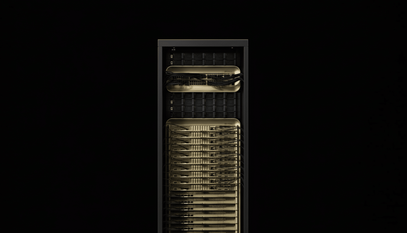 A professional, enhanced image of a server rack with gold-colored components, set against a black background, resized to a 16:9 aspect ratio.