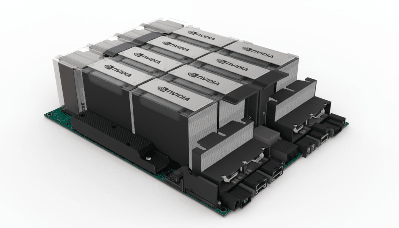 A professional, enhanced image of an NVIDIA server rack, resized to a 16:9 aspect ratio, maintaining its original background and product integrity.