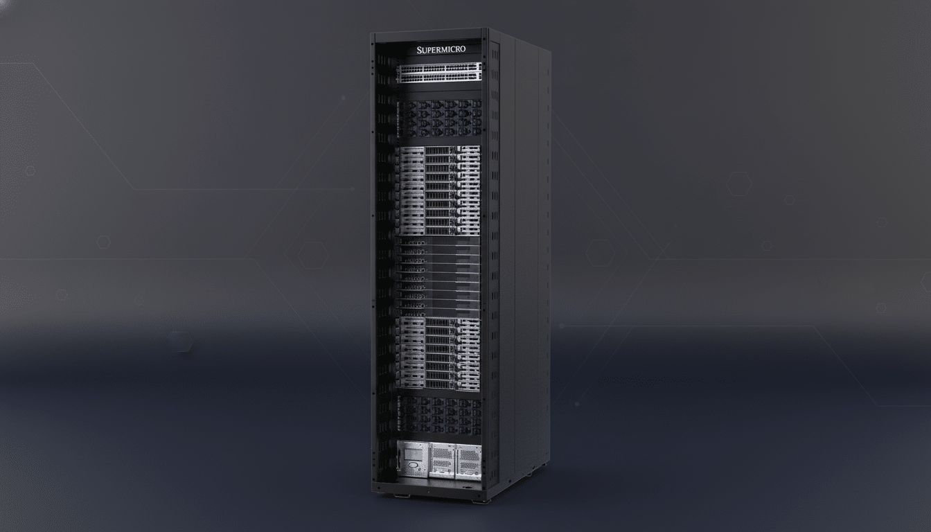 A Supermicro server rack in a 16:9 aspect ratio with a professional flat design background featuring soft patterns and gradients.