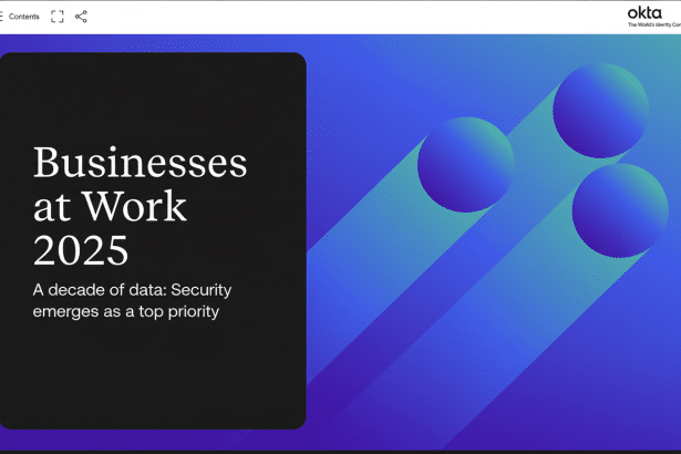 A professional presentation slide titled Businesses at Work 2025 with the subtitle A decade of data: Security emerges as a top priority. The slide features a dark text box on the left and a blue and purple gradient background with three circular elements on the right. The Okta logo is in the top right corner.