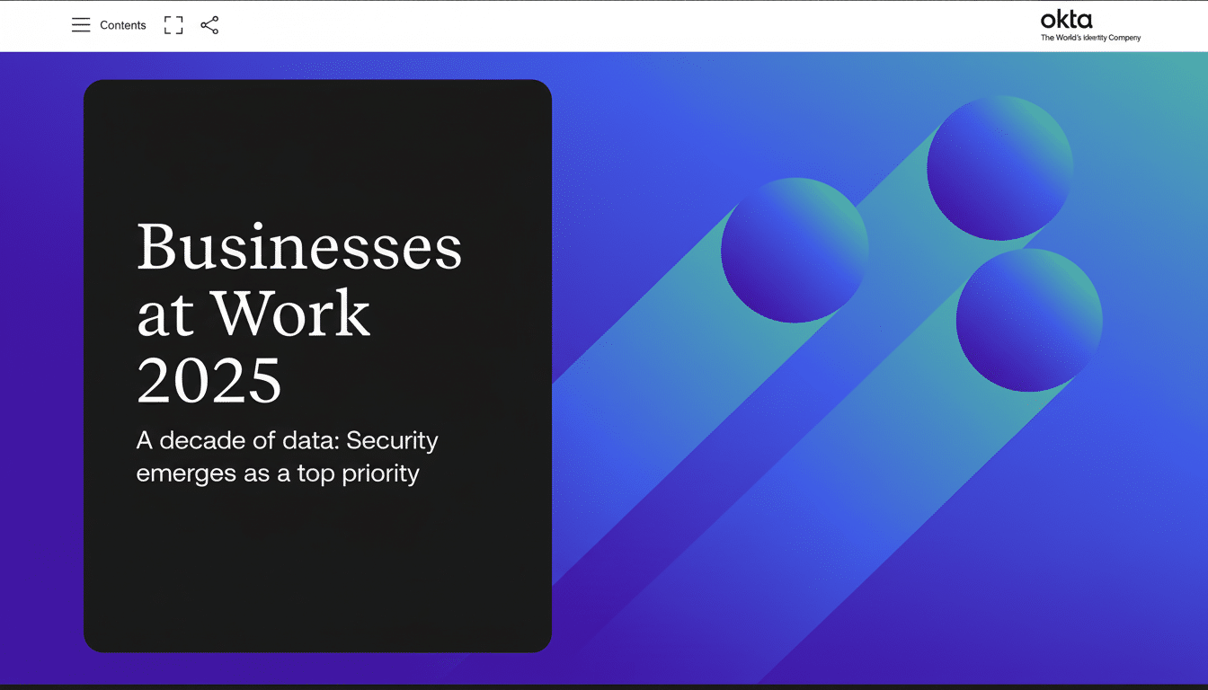 A professional presentation slide titled Businesses at Work 2025 with the subtitle A decade of data: Security emerges as a top priority. The slide features a dark text box on the left and a blue and purple gradient background with three circular elements on the right. The Okta logo is in the top right corner.