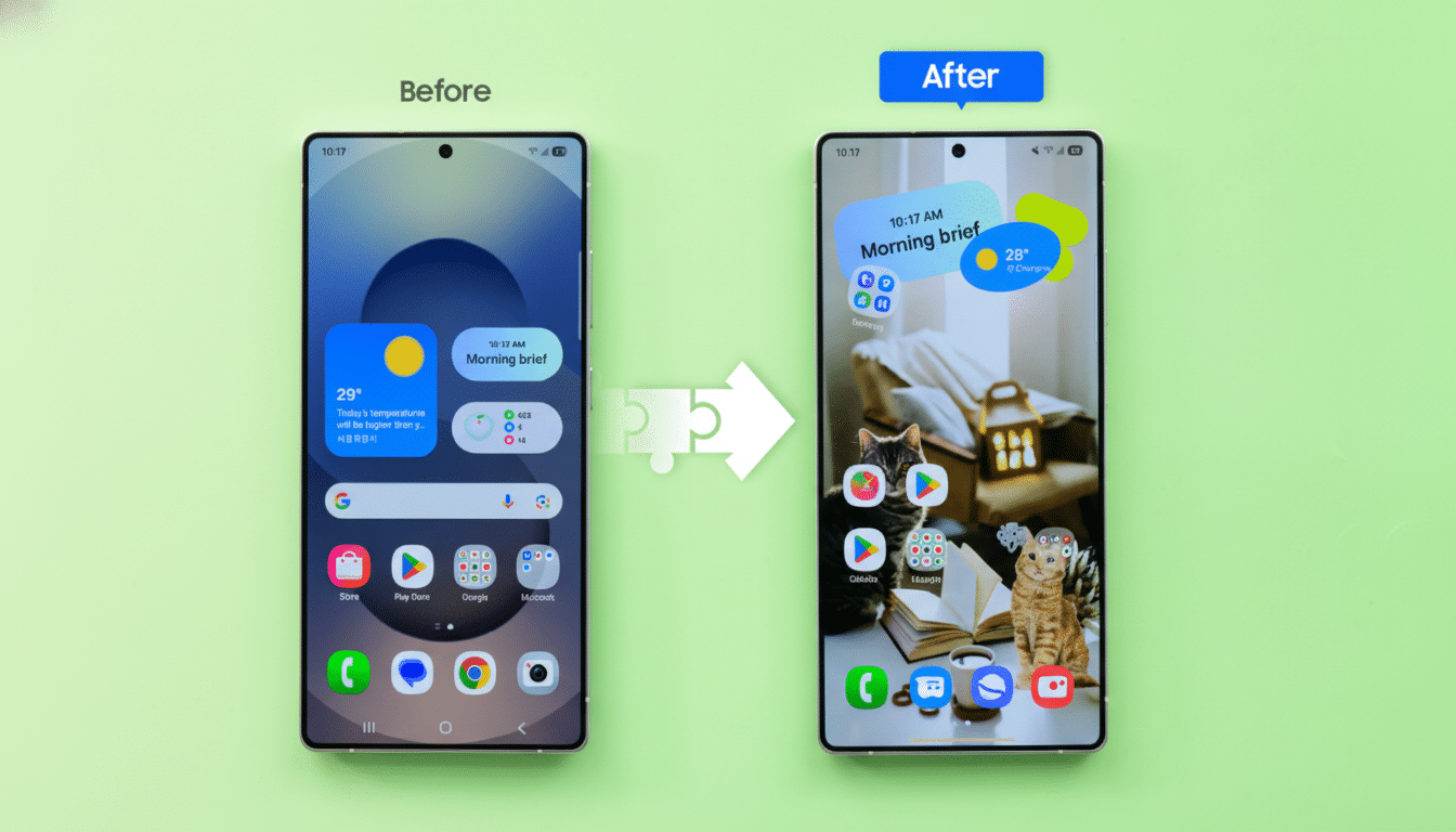 A side-by-side comparison of a smartphone screen before and after a design update, showcasing new widgets and a different background image.