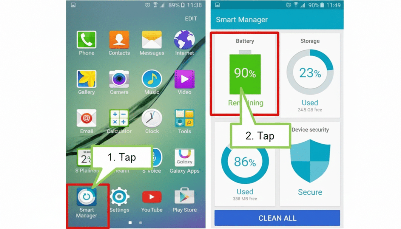 A smartphone screen showing two steps to access the Smart Manager app and check battery status.