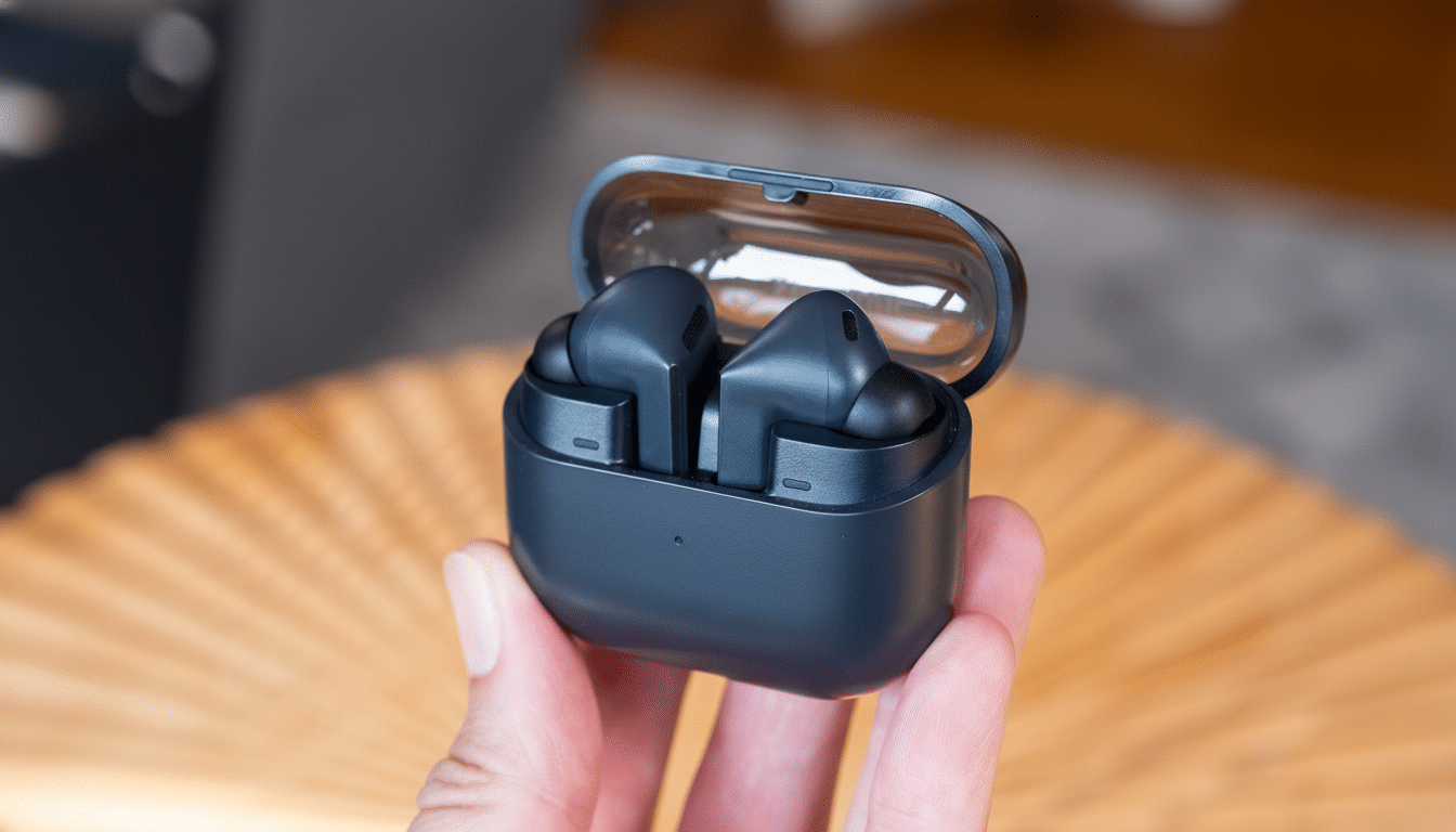 A hand holds a black charging case with two black wireless earbuds inside, presented in a 16:9 aspect ratio.