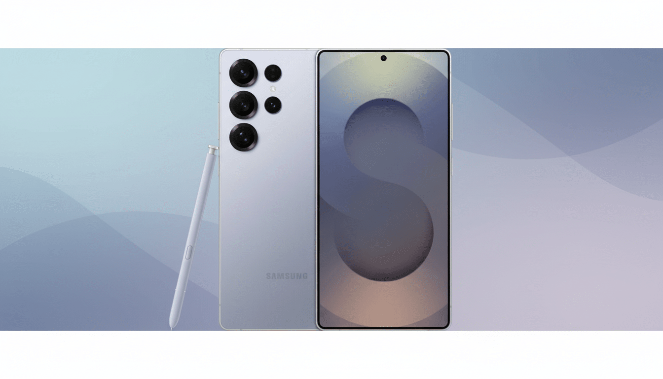 A light purple Samsung smartphone with a stylus, presented in a 16:9 aspect ratio on a professional flat design background with soft blue and purple gradients and subtle wave patterns.