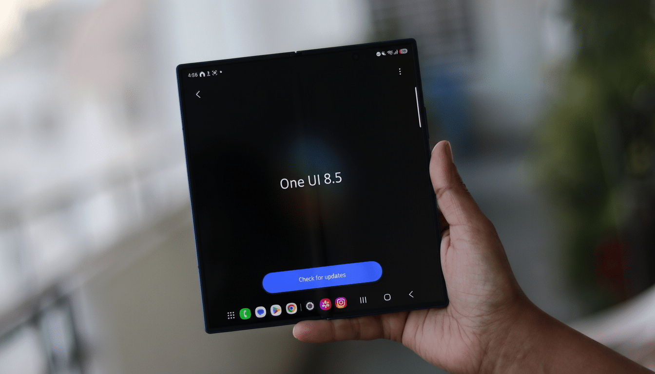A hand holding a foldable smartphone displaying One UI 8.5 and a Check for updates button on a dark screen, with a blurred background.