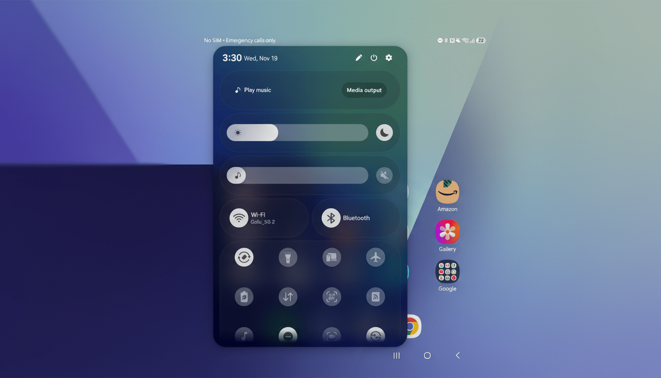 A smartphone screen displaying the quick settings panel with various toggles for Wi-Fi, Bluetooth, and other functions, overlaid on a home screen with app icons for Amazon, Gallery, and Google.