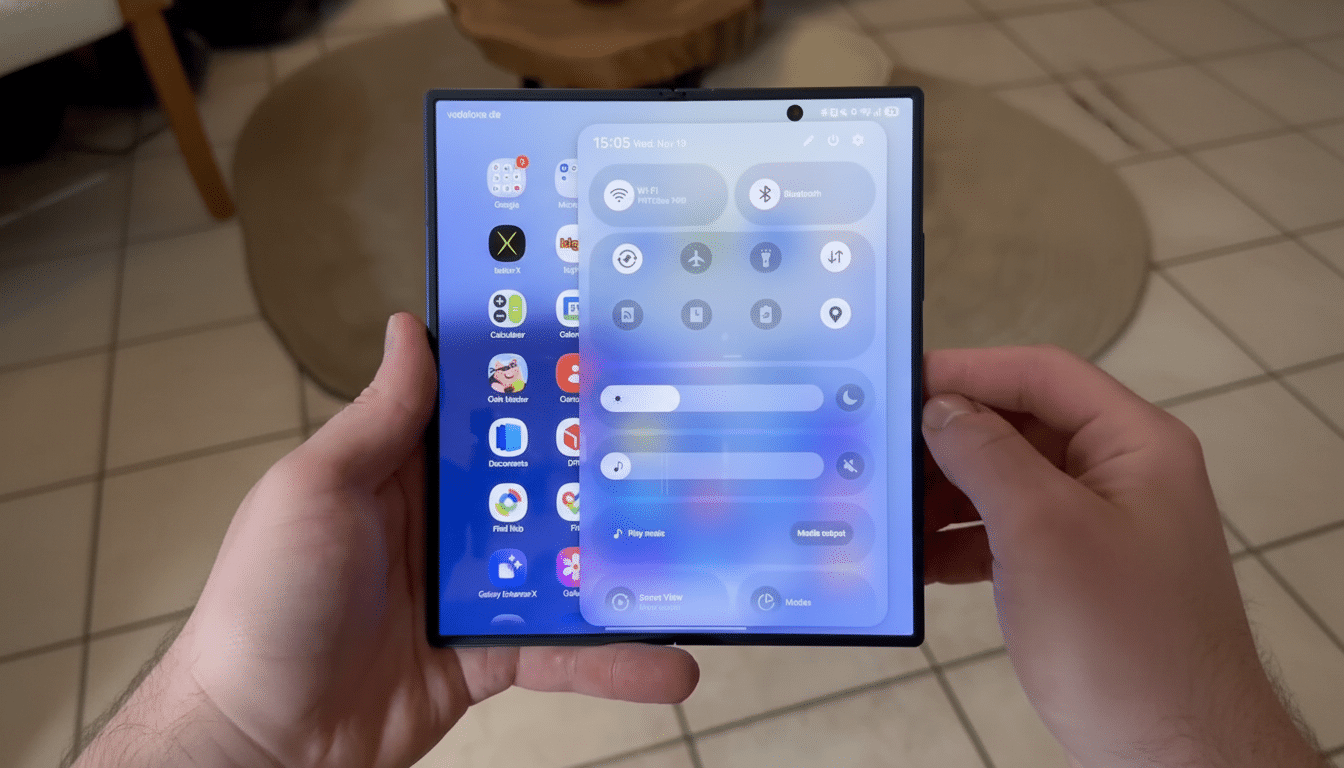 A person holding a foldable smartphone displaying the home screen with various app icons and a quick settings panel overlay.
