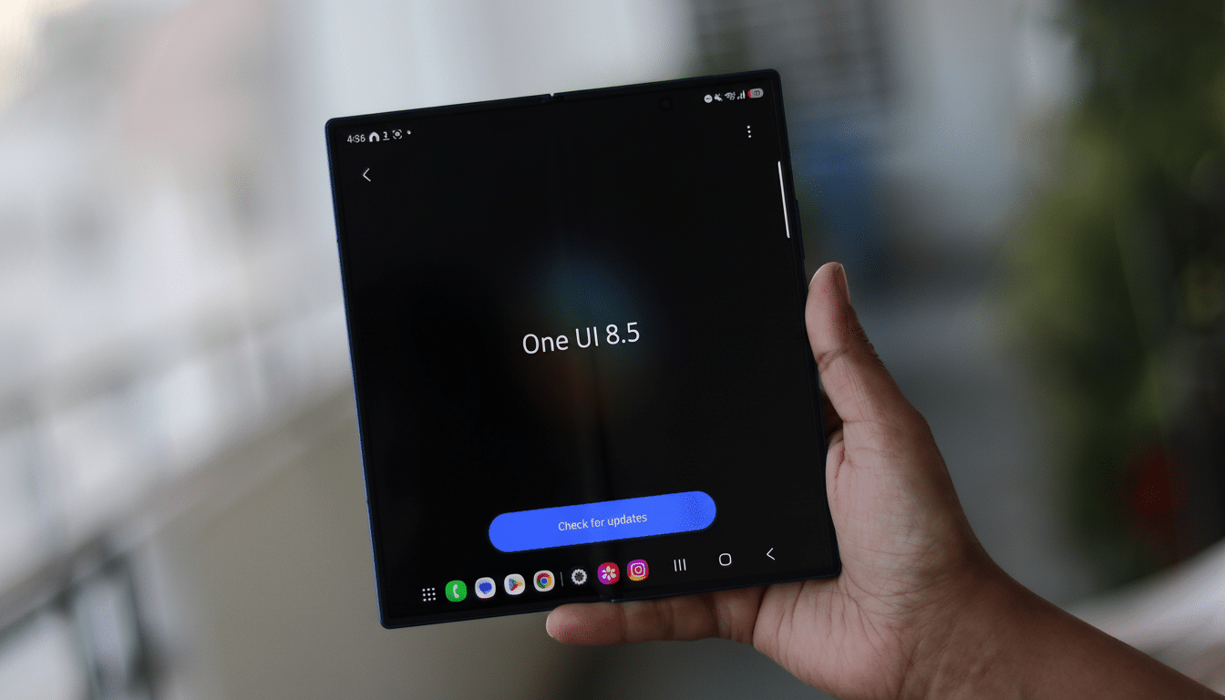 A hand holding a foldable smartphone displaying One UI 8.5 and a Check for updates button on a dark screen.