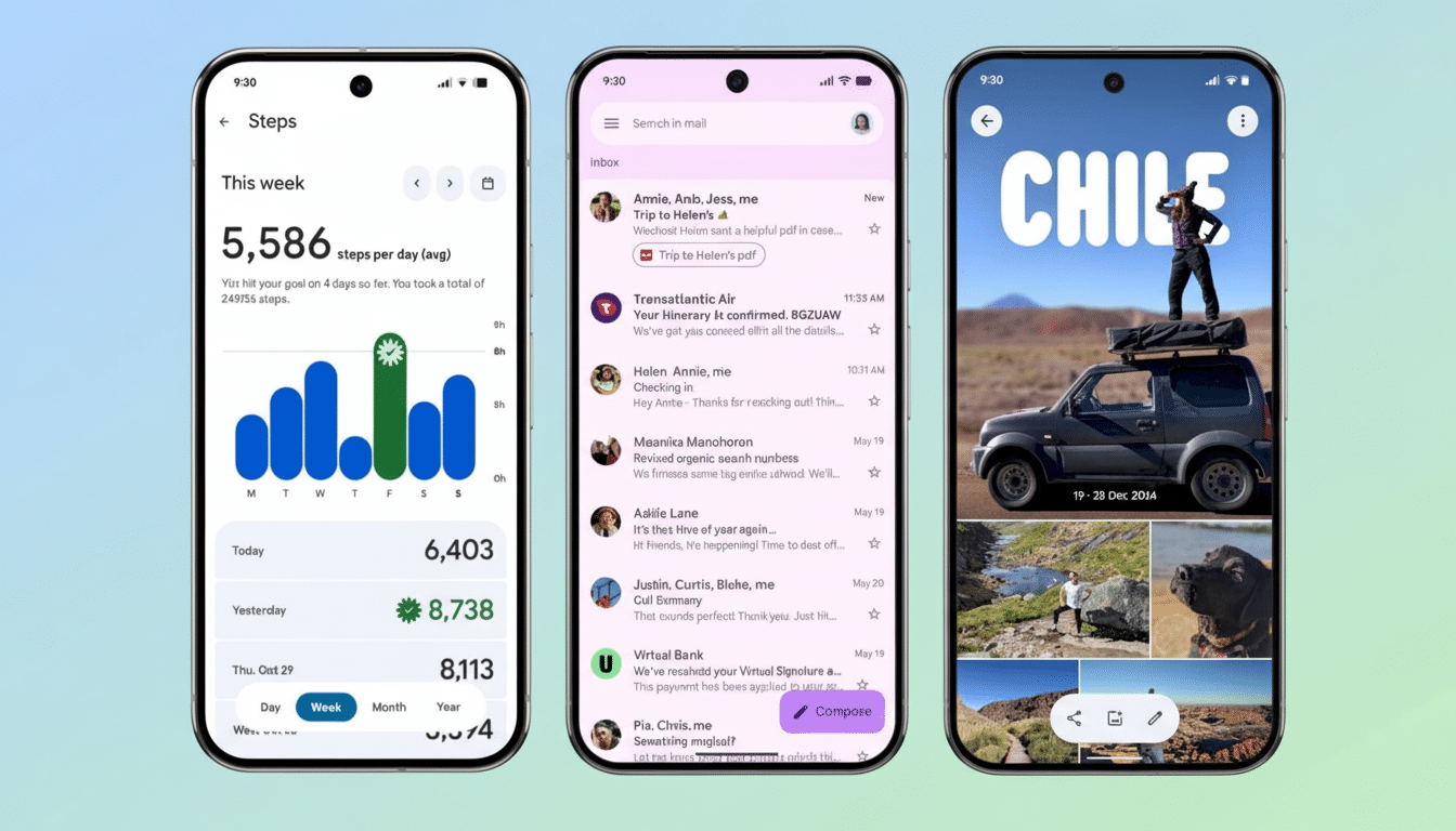 Three smartphones displaying different app interfaces. The left phone shows a fitness tracking app with step count and a bar graph. The middle phone displays an email inbox. The right phone shows a travel photo album with a person standing on a car roof and other landscape images.