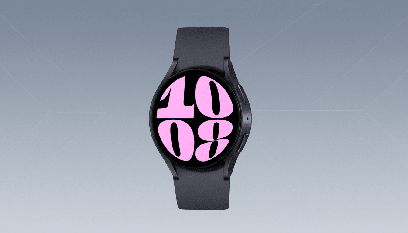 A dark gray smartwatch with a pink digital display showing 10 08 on a professional gray background with subtle geometric patterns.