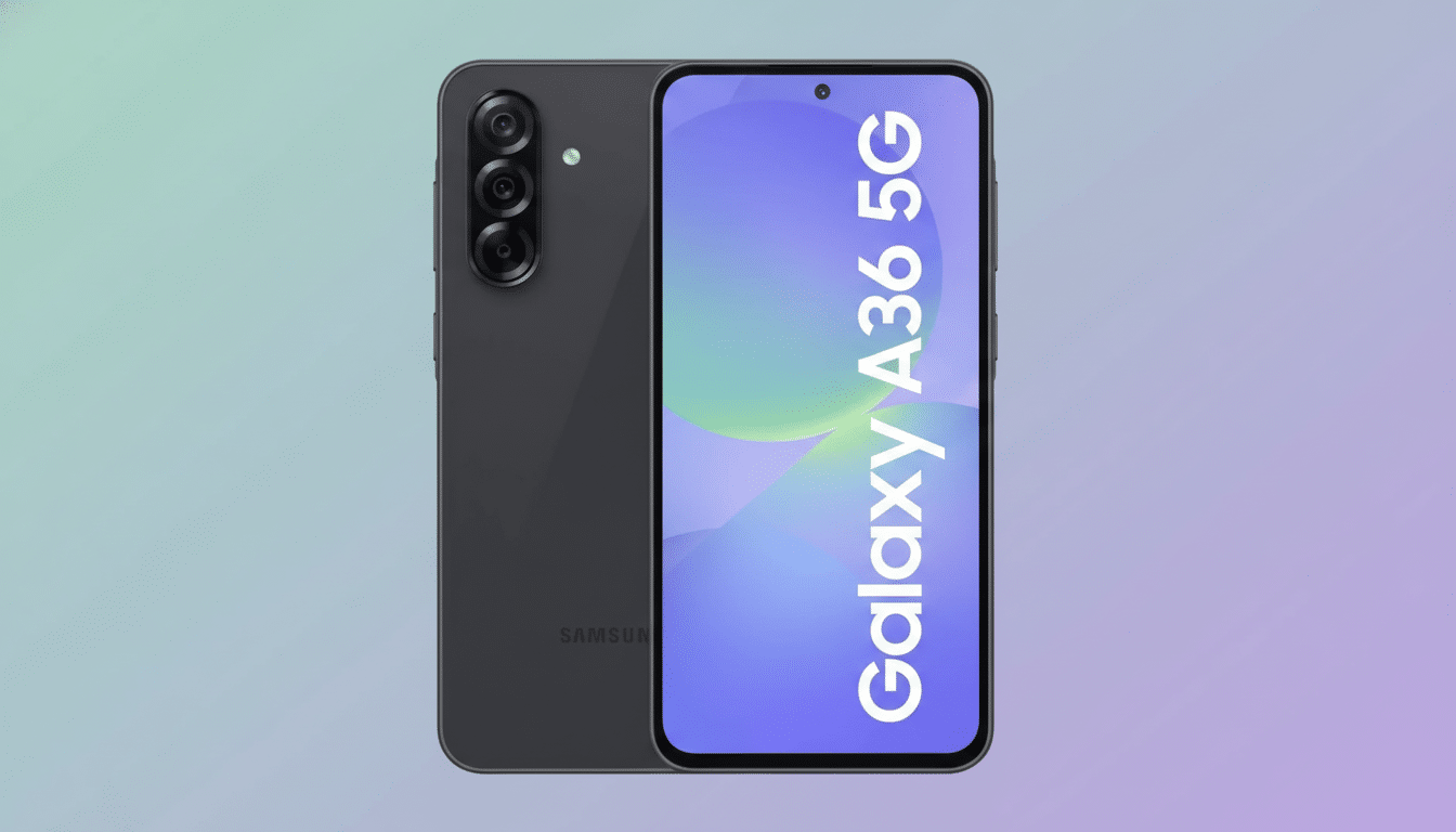 A dark gray Samsung Galaxy A36 5G smartphone is displayed at a 16:9 aspect ratio, with its front and back visible against a professional flat background featuring soft, subtle gradients in shades of light blue and purple.