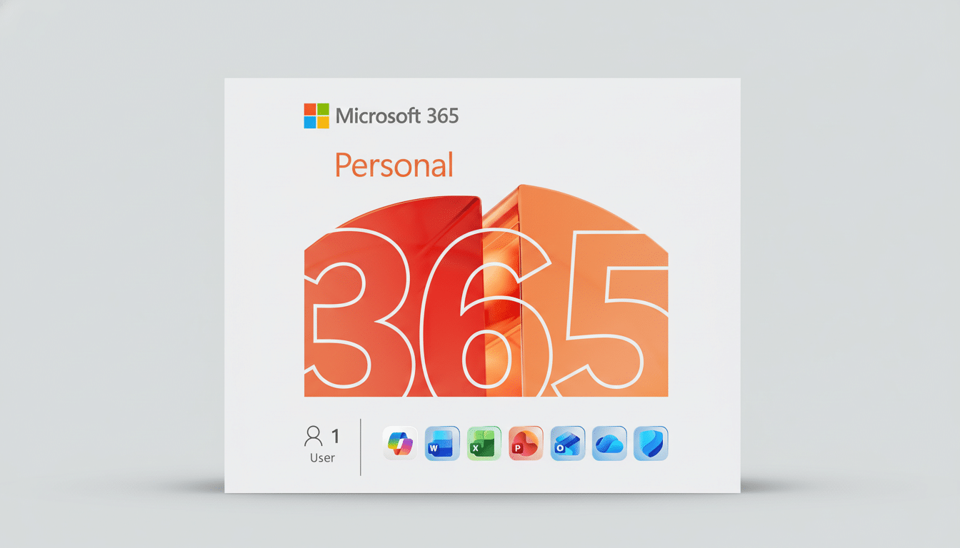A Microsoft 365 Personal product box with a 16:9 aspect ratio, featuring the 365 logo in red and orange, the Microsoft 365 logo, Personal text, a 1 User icon, and icons for various Microsoft apps like Word, Excel, and Outlook.