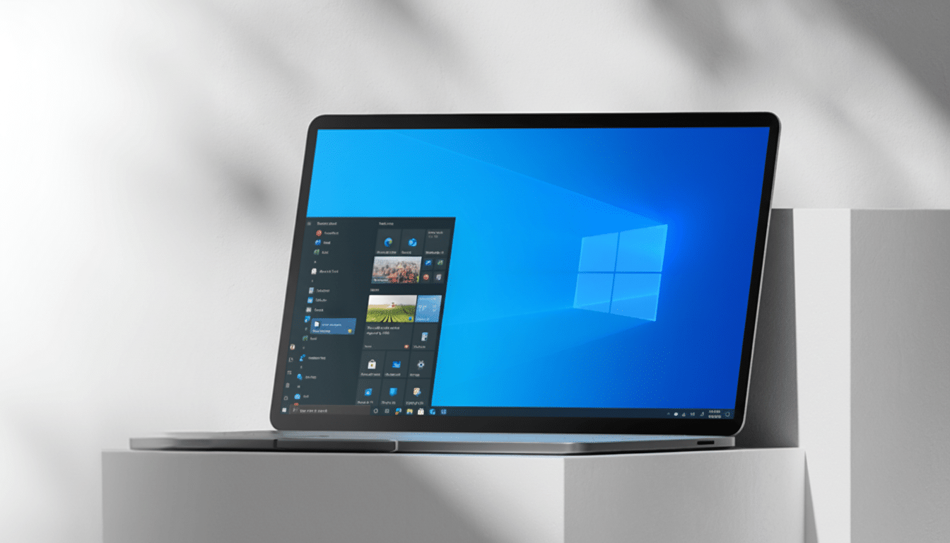 A laptop displaying the Windows 10 desktop and Start menu, set against a minimalist white background with shadows.