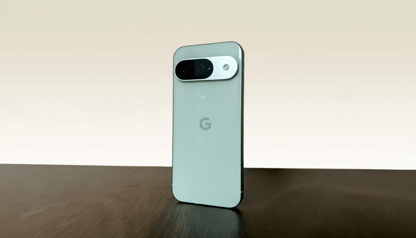 A light green Google Pixel smartphone is shown from the back, standing upright on a dark wooden surface against a light beige wall. The camera bar is prominent at the top.