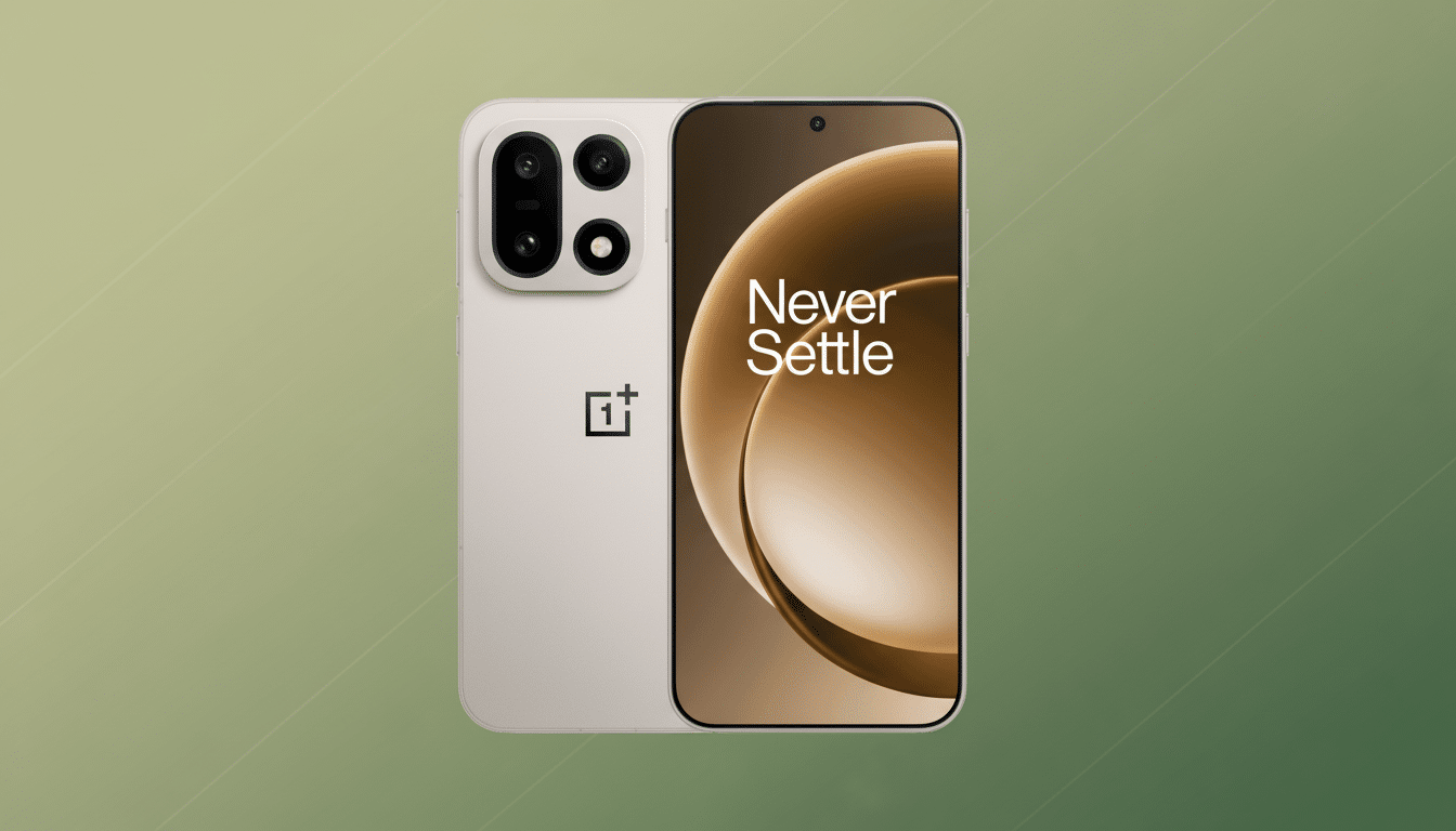 A beige smartphone with a black camera module and a screen displaying Never Settle on a brown and gold background, set against a professional flat design background with soft green gradients.