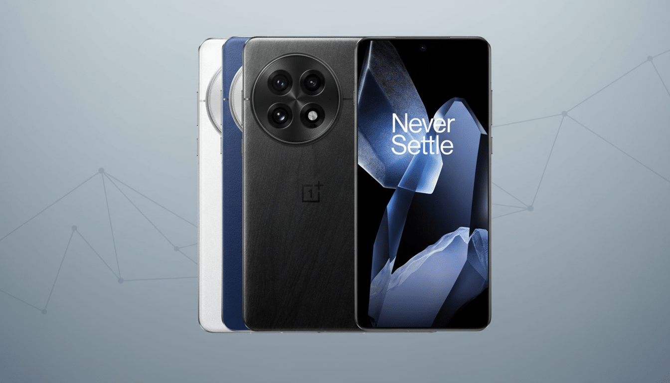 Three OnePlus 11 phones, in white, blue, and black, are displayed on a professional flat design background with soft patterns.