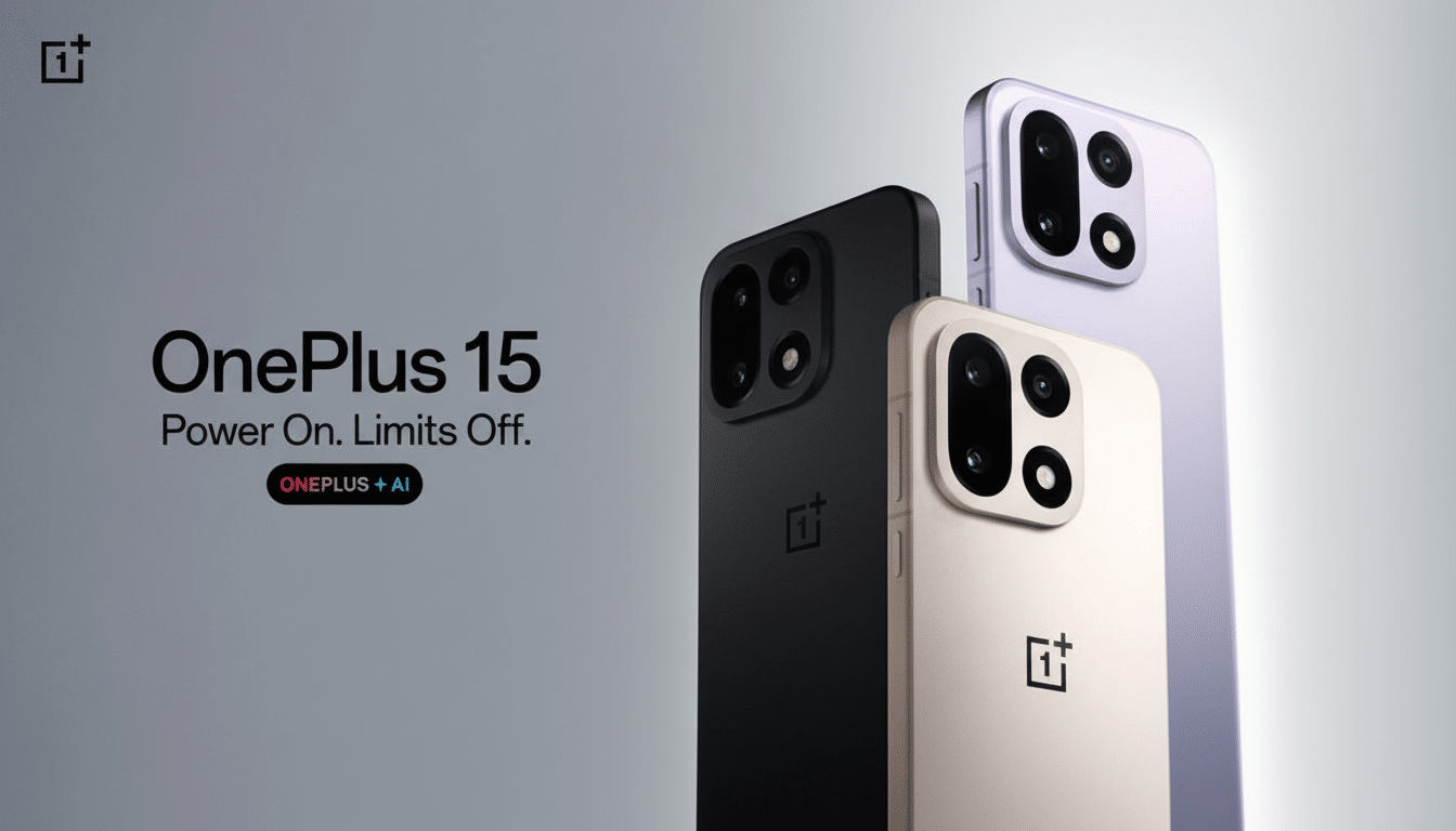 A promotional image for the OnePlus 15, featuring three smartphones in black, beige, and light purple, with the text OnePlus 15 Power On. Limits Off. ONEPLUS + AI on a grey background.