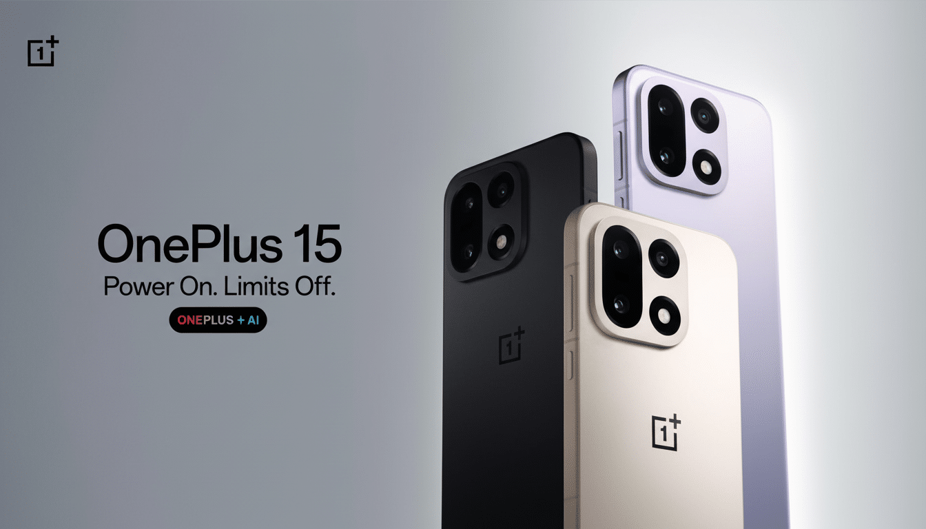 A professional image of three OnePlus 15 smartphones in black, gold, and light purple, presented against a clean, gradient gray background. The text OnePlus 15 Power On. Limits Off. ONEPLUS + AI is visible on the left.