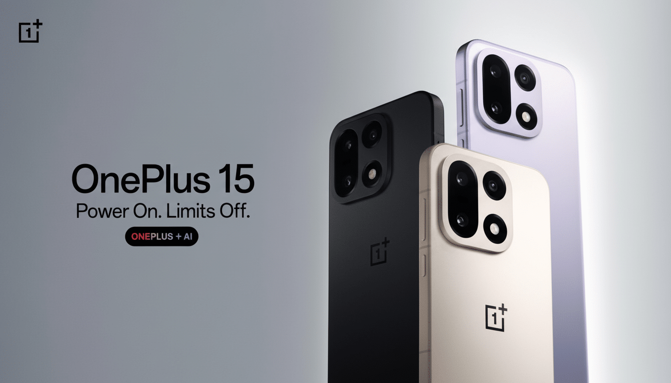 A professional image of three OnePlus 15 smartphones in black, beige, and light purple, with the text OnePlus 15 Power On. Limits Off. ONEPLUS + AI on a grey background.