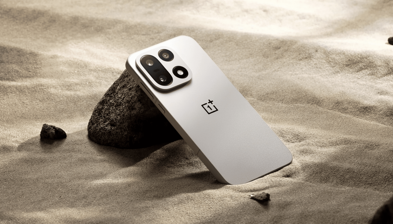 A silver smartphone with a black camera module resting against a dark rock on a sandy surface.
