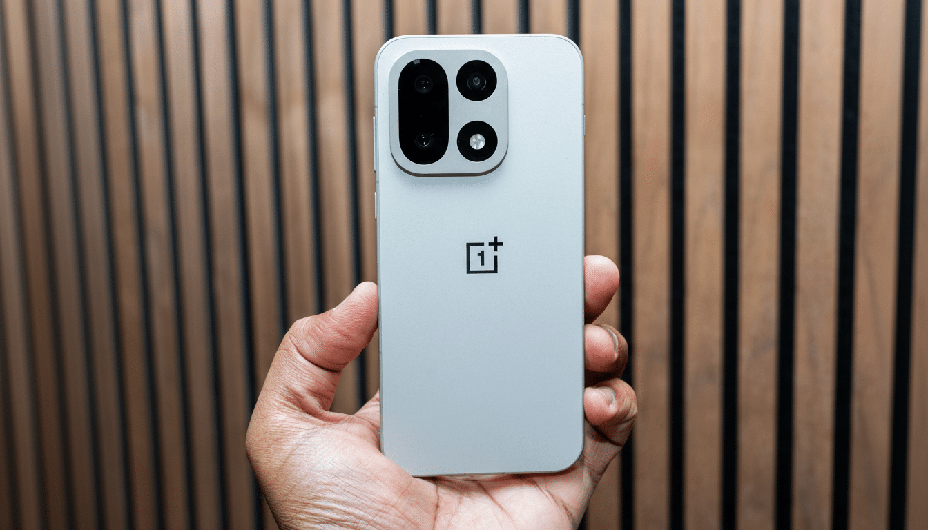 A hand holding a light gray OnePlus smartphone with a prominent camera module against a wooden slatted background.