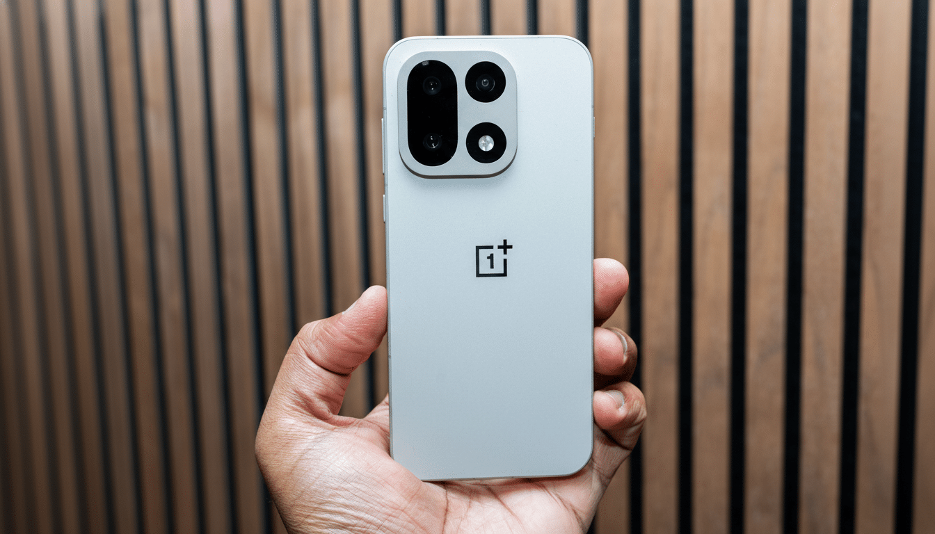 A hand holding a light gray smartphone with a prominent camera module and the OnePlus logo on the back, set against a blurred background of vertical wooden slats.