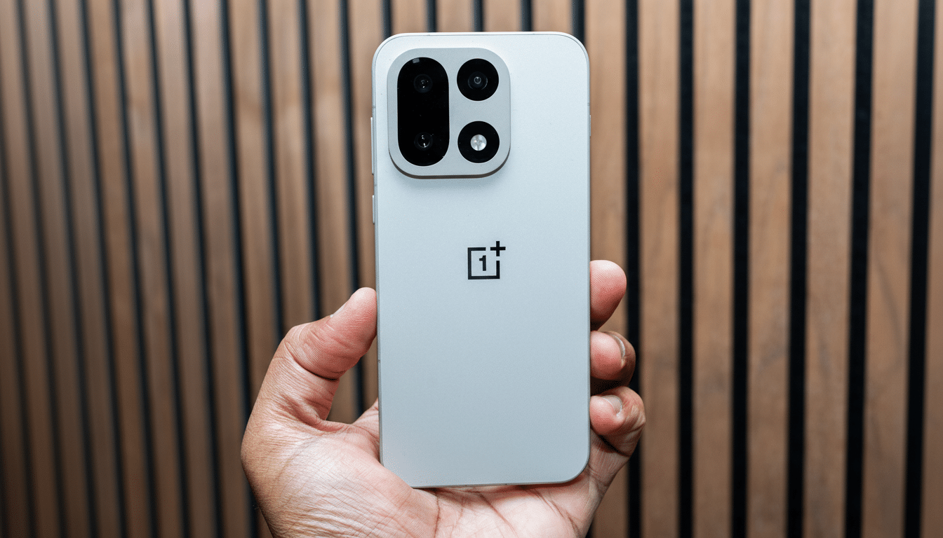 A hand holding a light gray smartphone with a black camera module and the OnePlus logo on the back, against a wooden slatted background.