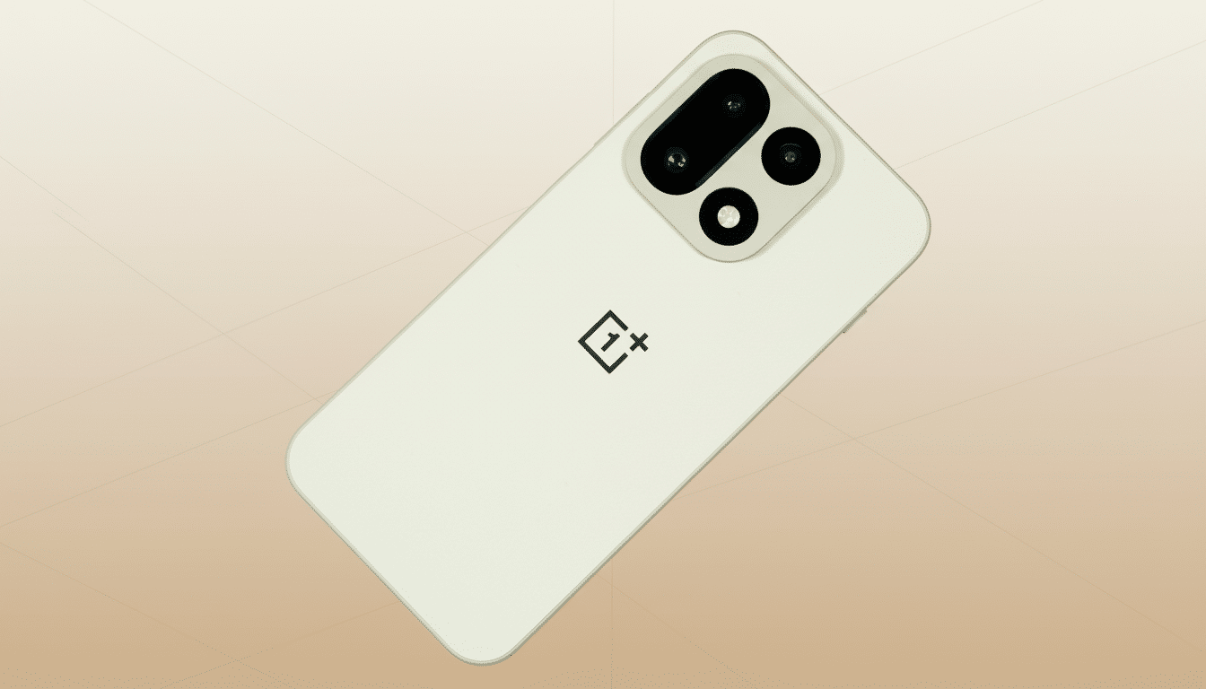 A white OnePlus smartphone with a black camera module on a professional flat design background with soft patterns.