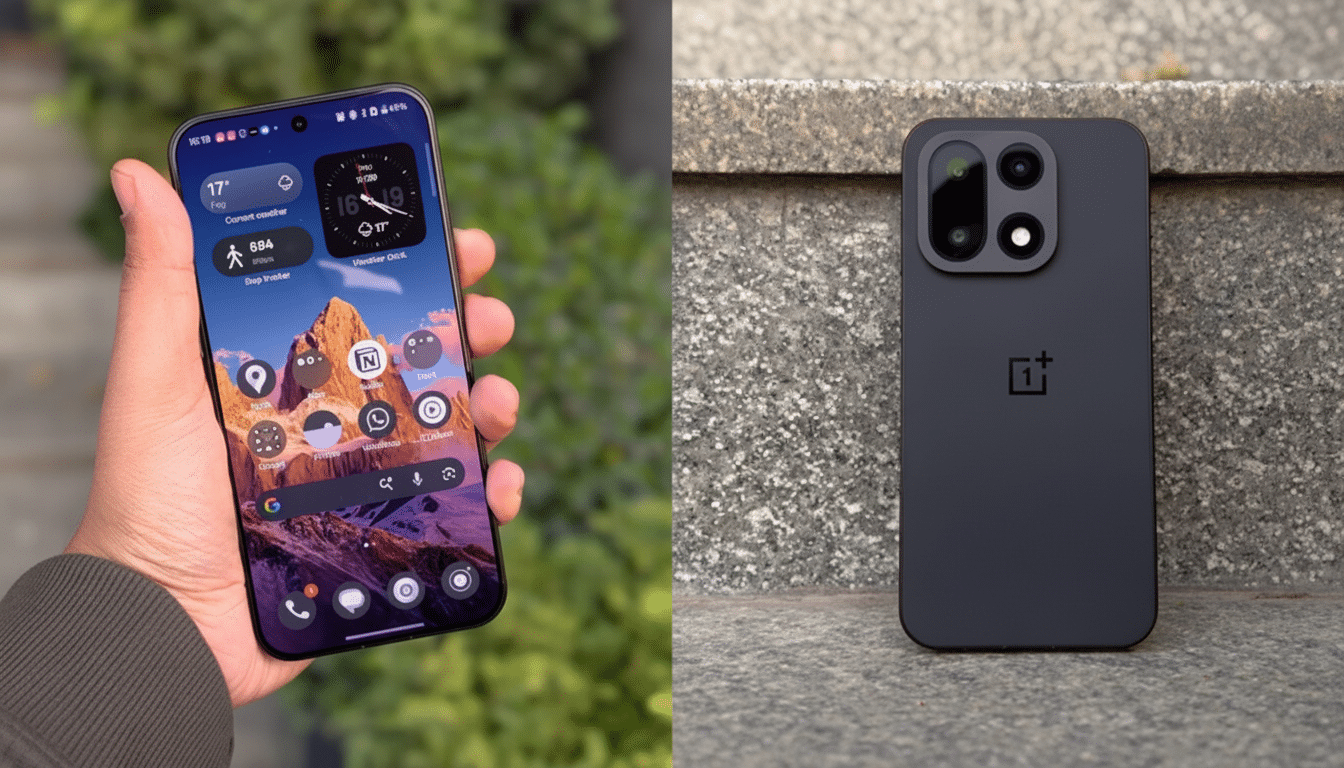 A hand holding a smartphone with a vibrant home screen, next to another smartphone lying on a concrete surface, both in a 16:9 aspect ratio.