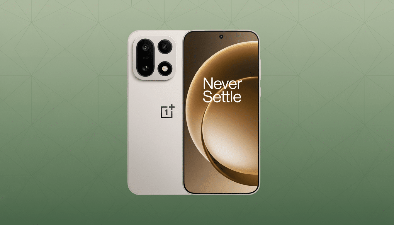 A beige smartphone with a black camera module and a screen displaying Never Settle on a brown and black abstract background, set against a professional green background with a subtle geometric pattern.