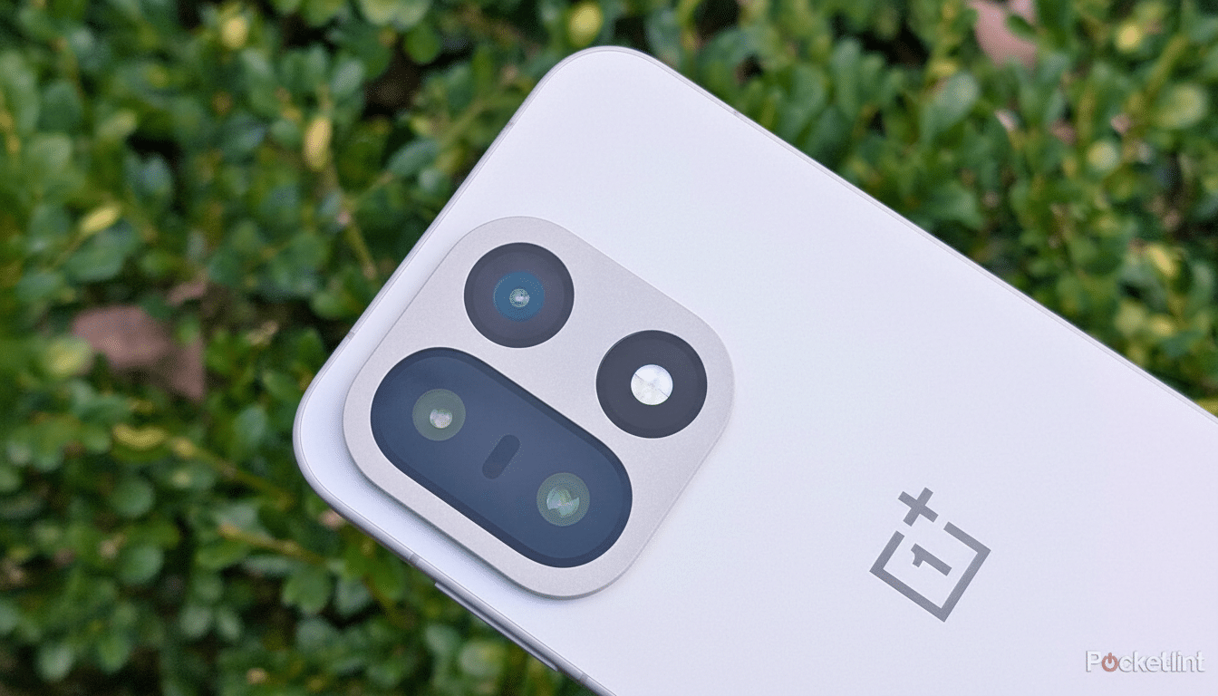 A white smartphone with a triple camera setup and the OnePlus logo, set against a blurred green foliage background.