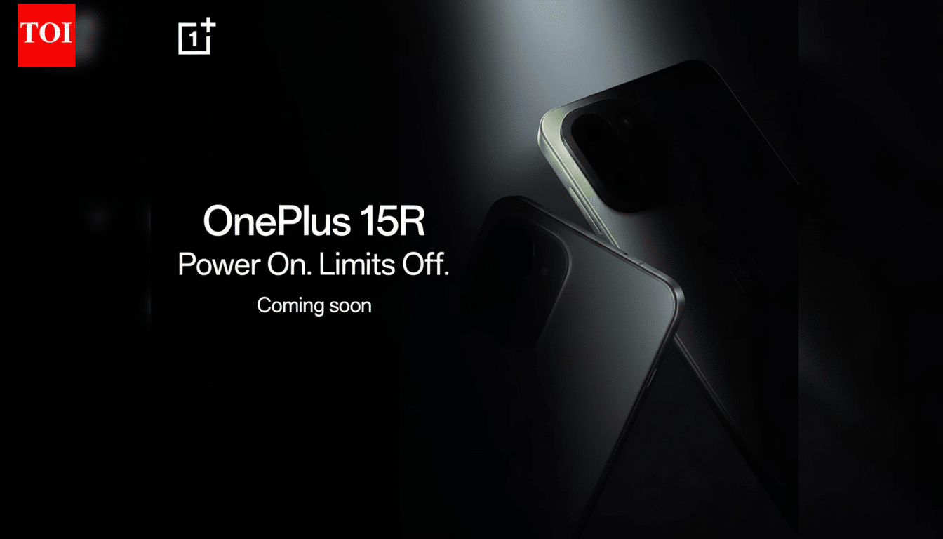 A dark, professional promotional image for the OnePlus 15R phone, featuring two phones subtly lit against a black background, with the text OnePlus 15R Power On. Limits Off. Coming soon and the TOI and OnePlus logos.