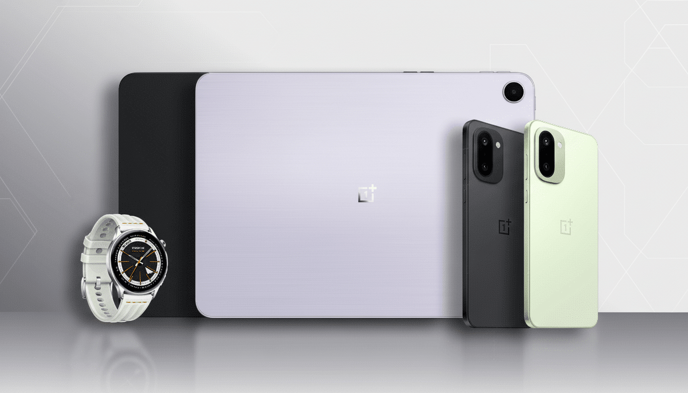 A professional flat design image featuring a white smartwatch, a black smartphone, a light green smartphone, and a light purple tablet, all displaying the OnePlus logo, arranged on a clean background with subtle geometric patterns.
