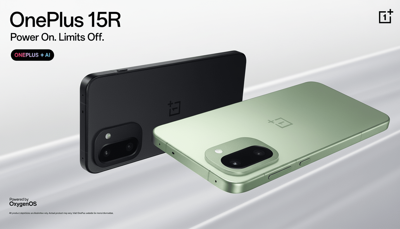 A black and a light green OnePlus 15R smartphone are displayed on a professional background, resized to a 16:9 aspect ratio.