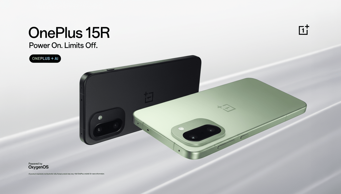 A black and a light green OnePlus 15R smartphone are displayed on a reflective surface with a gradient background.