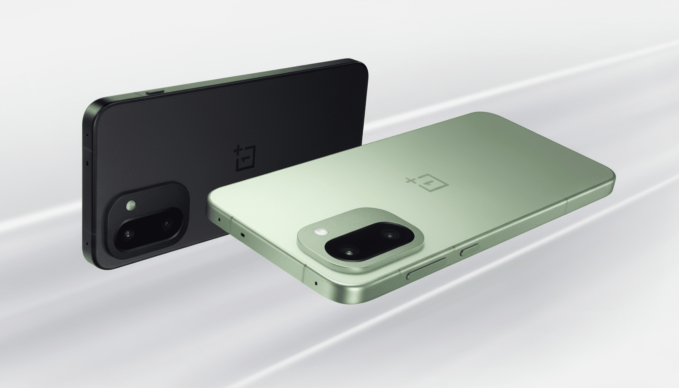 Two OnePlus Nord CE 3 Lite 5G phones, one black and one light green, are displayed on a light gray surface with subtle reflections.