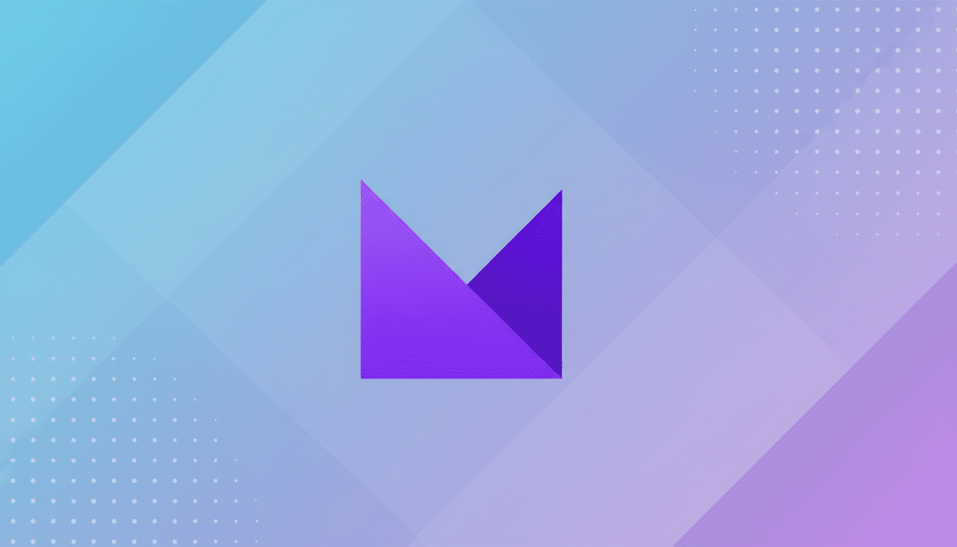 A purple abstract logo resembling a stylized M or two mountain peaks, centered on a professional 16:9 background with a soft blue and purple gradient and subtle geometric patterns.
