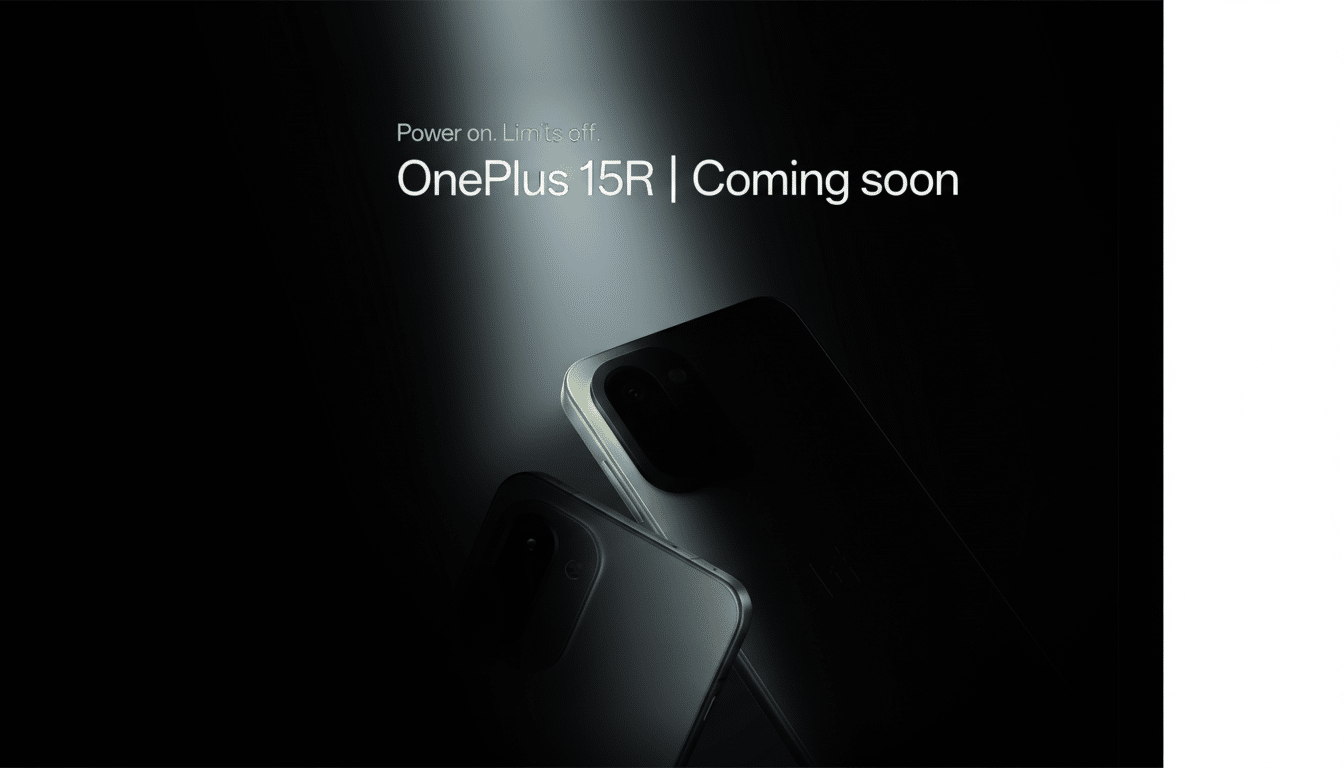 A dark, professional image showcasing two OnePlus 15R smartphones, one in a light green and the other in a darker shade, with a spotlight illuminating the green phone. The text Power on. Limits off. OnePlus 15R | Coming soon is displayed in white.