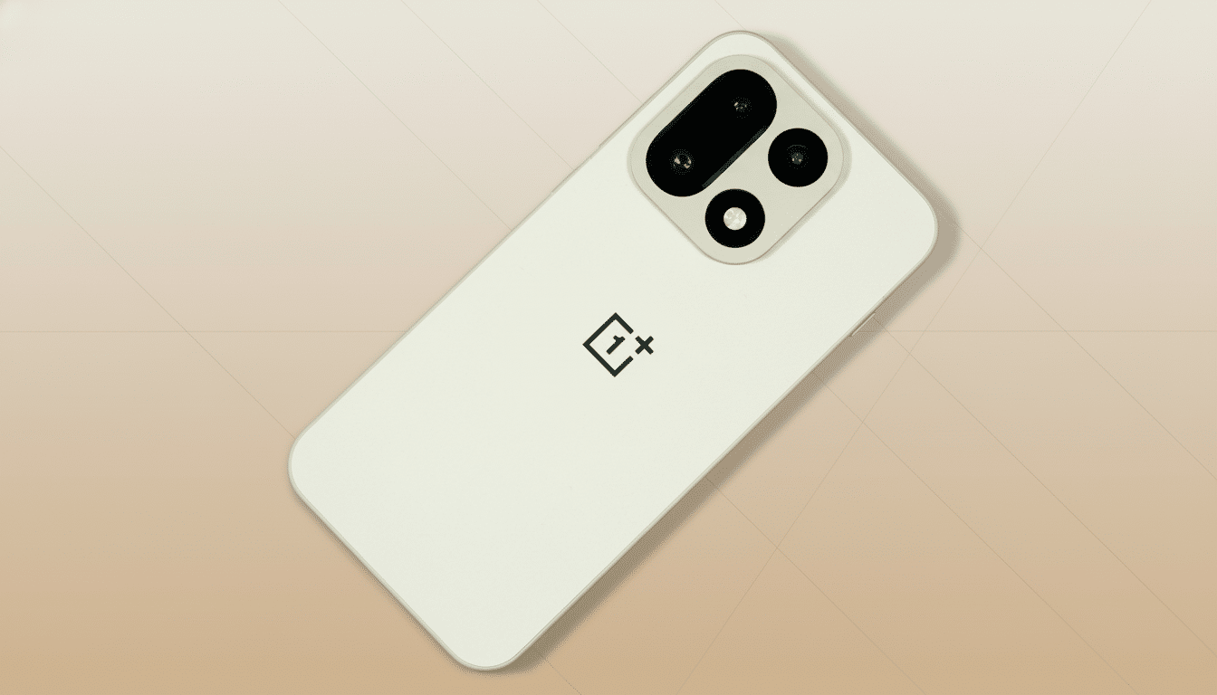 A white smartphone with a black camera module and the OnePlus logo on a professional flat design background with soft patterns.