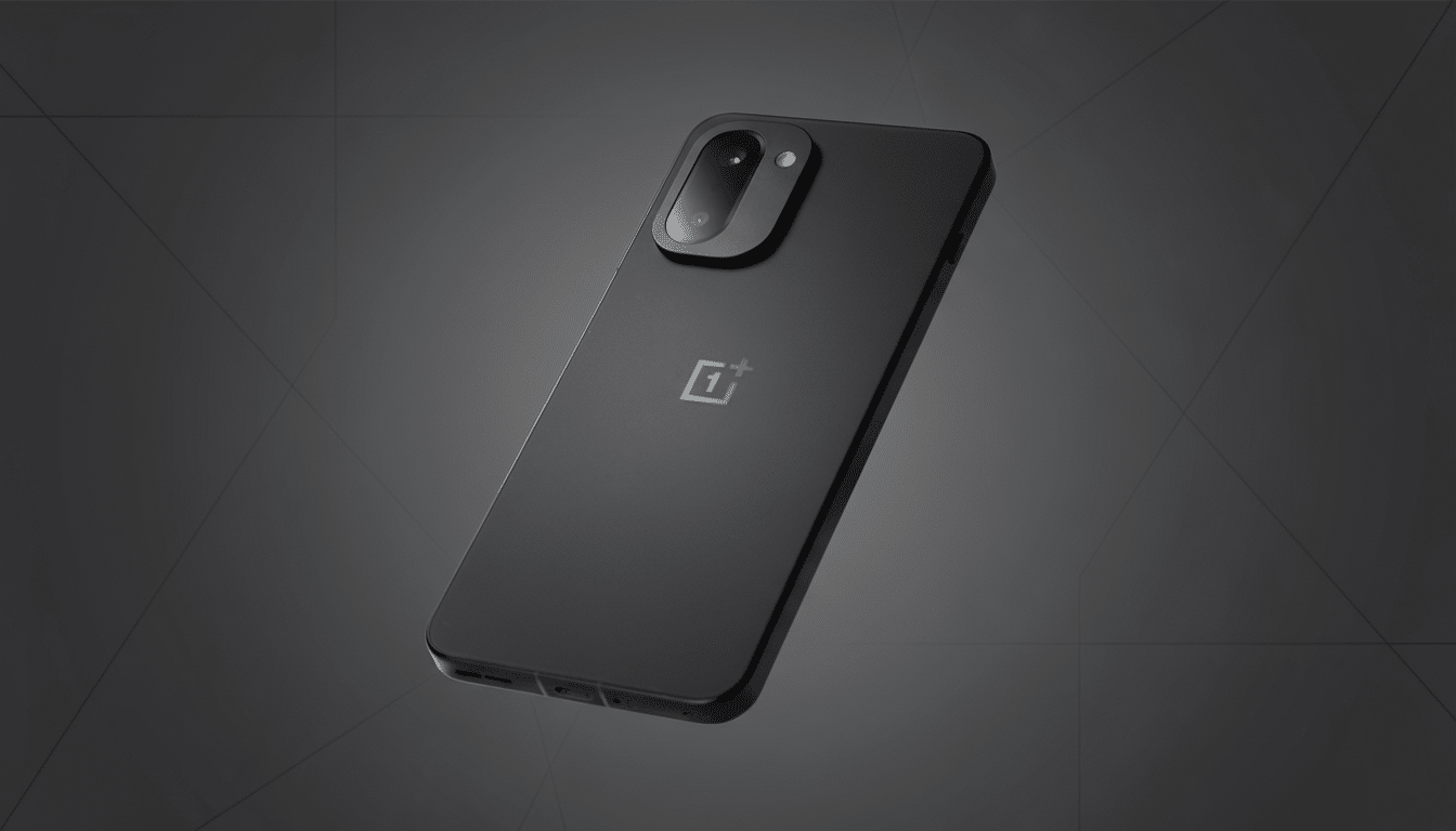 A black OnePlus smartphone is shown at an angle against a dark gray background with subtle geometric patterns.